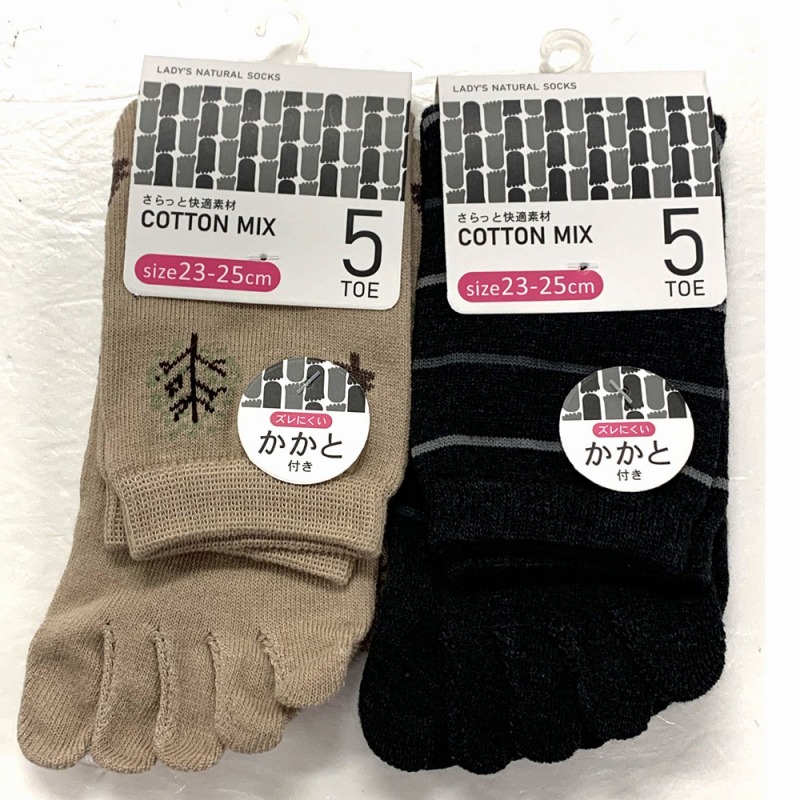 【年間売れ筋】婦人　綿混　かかと付き5本指　柄　クルー丈ソックス