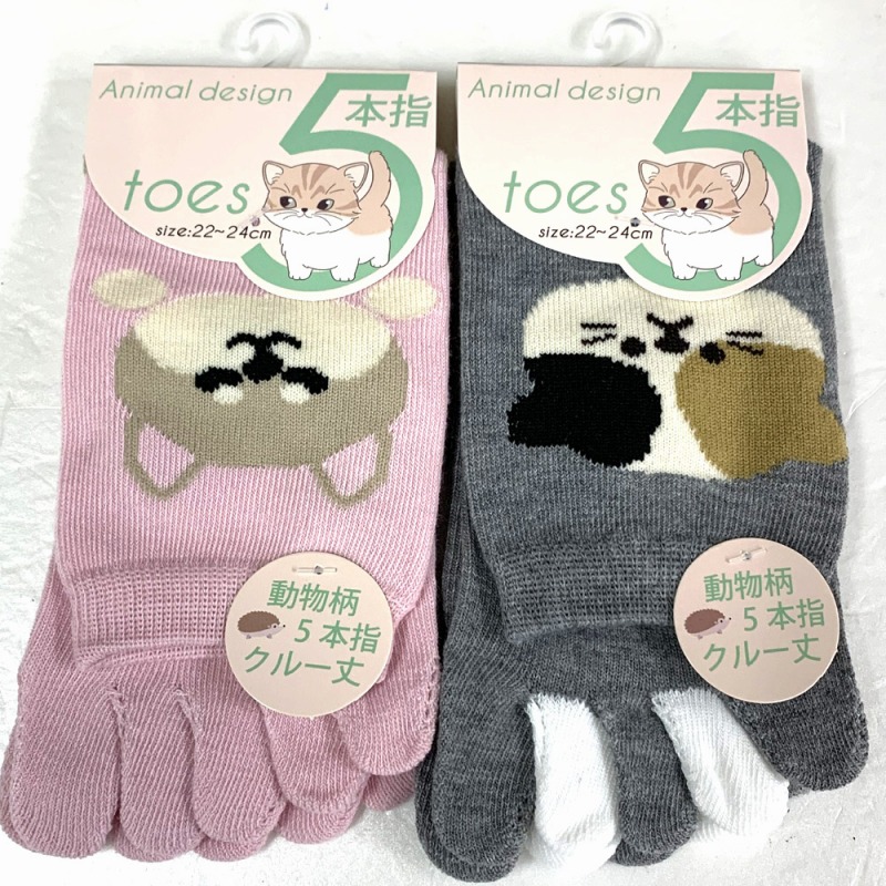 【年間売れ筋☆かわいい】婦人　綿混　動物　かかと付き　指部分立体設計5本指クルーソックス