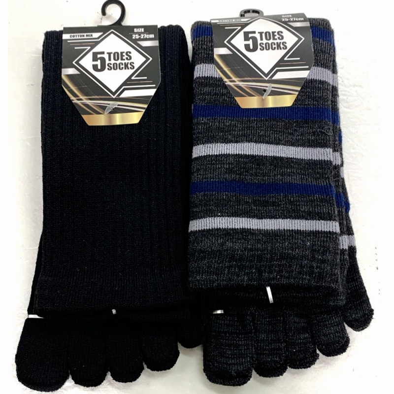 【年間売れ筋】紳士　綿混　かかと付き5本指クルーソックス　（無地・柄混み込み）